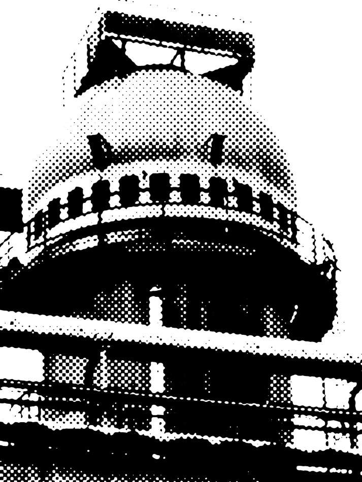 Kugelgasometer als grobes Schwarz-Weiß-Raster