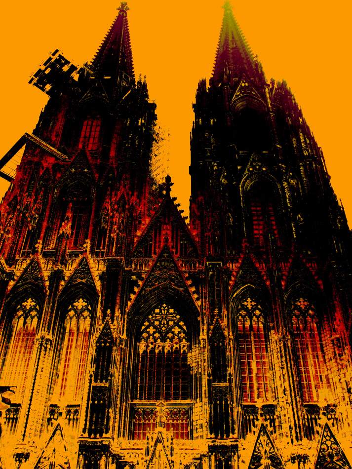Kölner Dom in Orange und Schwarz gerastert