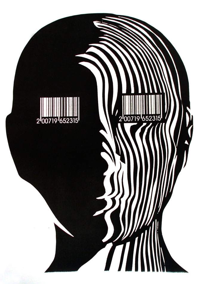Kopf mit Barcode-Augen, Schwarz-Weiß-Grafik